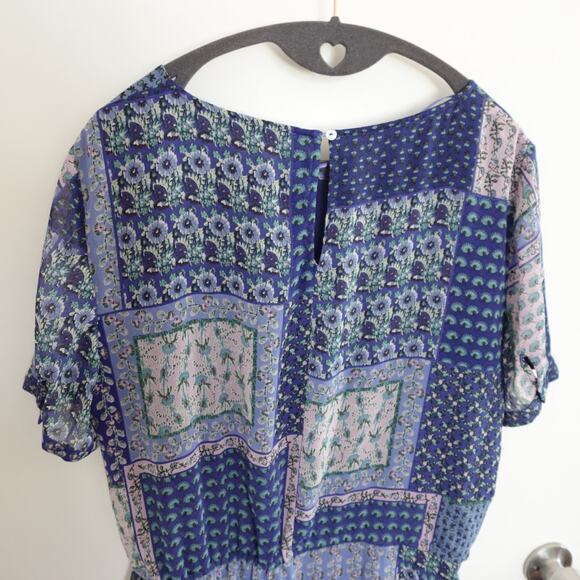 Esprit Patchwork Blue Dress Multi Print Cottage Retro Boho Size 10 Short Sleeve - Picture 10 of 12